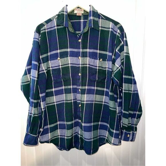 Vintage Woolrich Flannel Button Down Shirt Men’s Large Blue/Green Plaid Long Slv - Picture 1 of 6